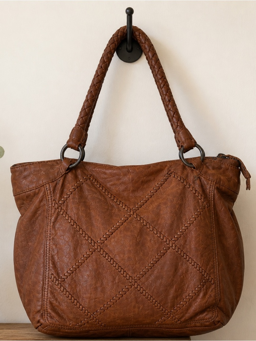 Spikes & Sparrows Leather shoulder Tote Bag Brown Whipstiched Braided handle